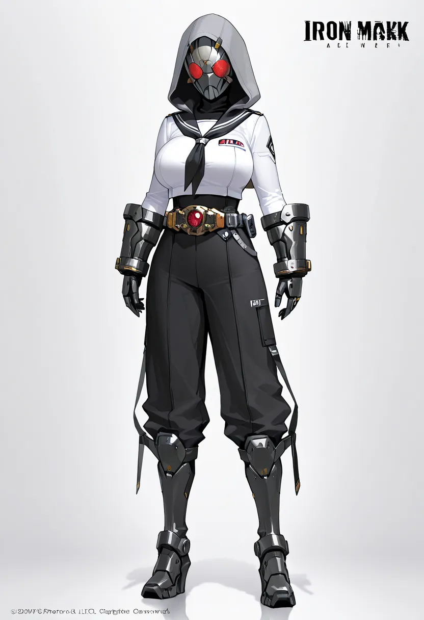  Masterpiece,  top quality,  high resolution,  1 girl, Alone, Long Sleeve Sailor Suit 、gray hood 、 iron mask on face , high-tech iron gauntlet worn on arms、  high-tech iron long pants 、 Black Skirts 、Iron Boots、Big Breasts、 full body,Rider Belt