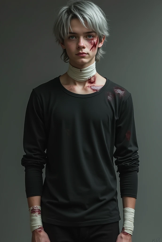  Gray-haired teenage man , dark blue eyes, a vertical scar on the right eye, X-shaped scar on the left eye,  pale skin , Bandaged neck, black long-sleeved shirt with dried blood stains, bandaged hands with dried blood stains on the bandages,  black pants ,...