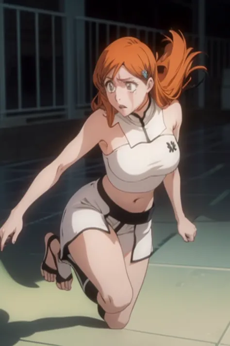 Orihime Inoue from Bleach had her neck sliced open with a kinfe she is coughing blood from her mouth and she is in great pain her outfit is made from a crop top a short pair of pants bare legs and bare feet  we can see her feet moving around as she tries t...