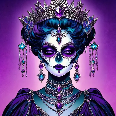 Queen of the Dead, gothic aesthetics, Small points, Jewels should, high detail,  high resolution ,  game of colors and shadows ,  Gothic Palette ,  high resolution  32k, contour and face in high definition, retro jewelry, Purple gradient background Lilas A...