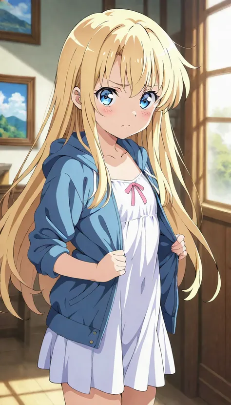 nsfw, (top-quality、​masterpiece:1.2)、watercolor Touch,  (lovely), a cartoon girl in a short skirt and a jacket, small curvy loli, loli in dress, blonde anime girl with long hair, visual novel sprite, art of kirokaze pixel, small loli girl, made with anime ...