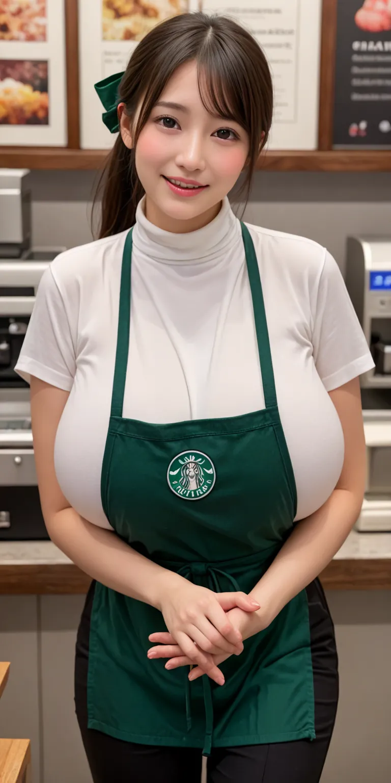 (highest quality),(((Photorealistic))), 8K, perfect composition,(1 girl solo),at cafe,starbucks,((she is cafe clerk)),((standing in front of the cash register)),(waving hands),((wearing turtleneck,green apron,black skinny Trousers)),((high beams)),(((forcu...