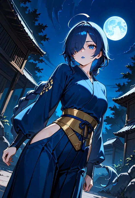 Blue Samurai girl, ahoge, long single braid, hair over one eye, Blue hair, blue eyes, blue lips, Walk through a deserted village, night sky, Blue full moon, cowboy shot, dynamic angle, 