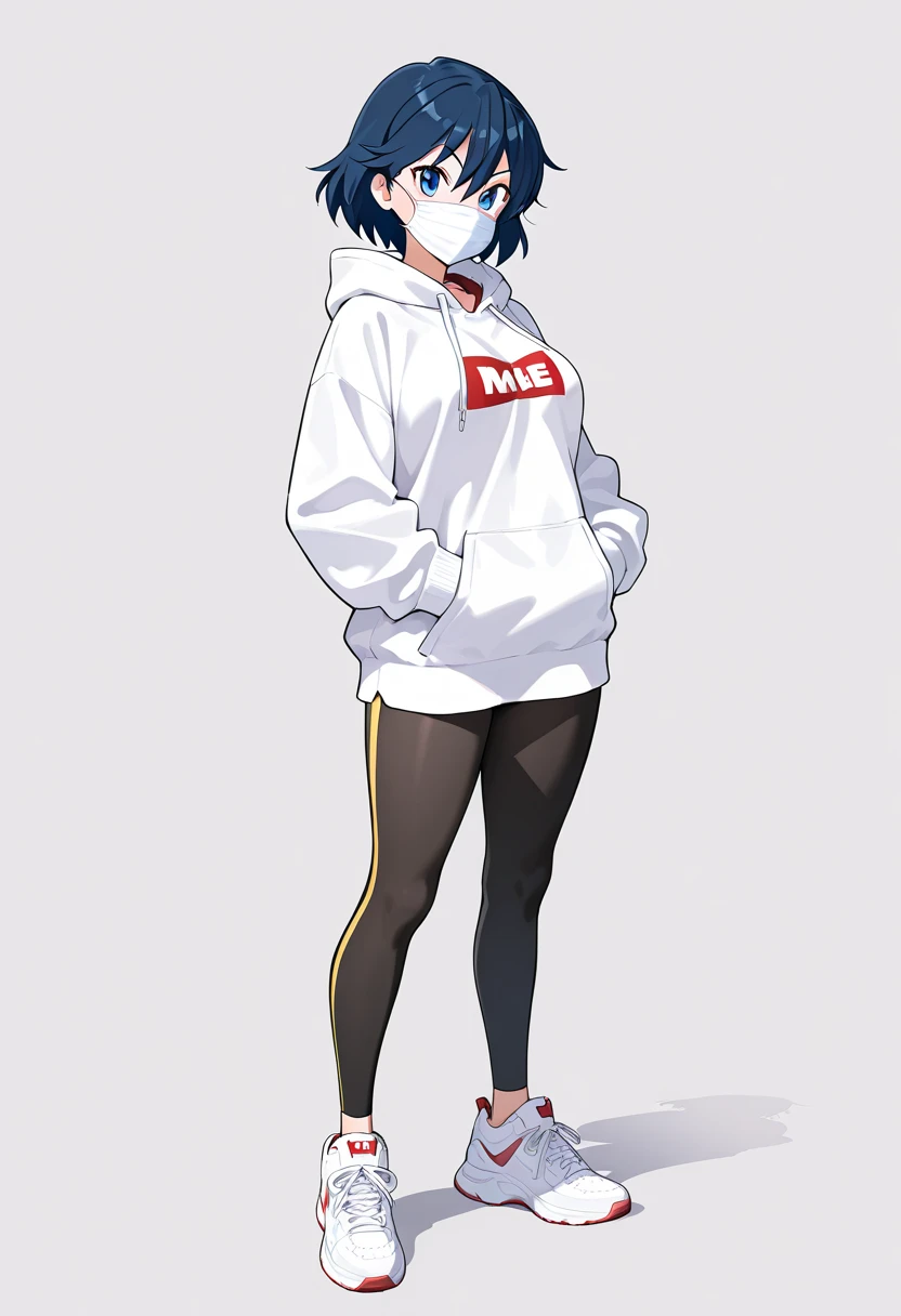  Masterpiece,  top quality,  high resolution,  1 girl, Alone, Matoi Ryuko , hoodie、A white mask for the mouth、Weak look、 full body