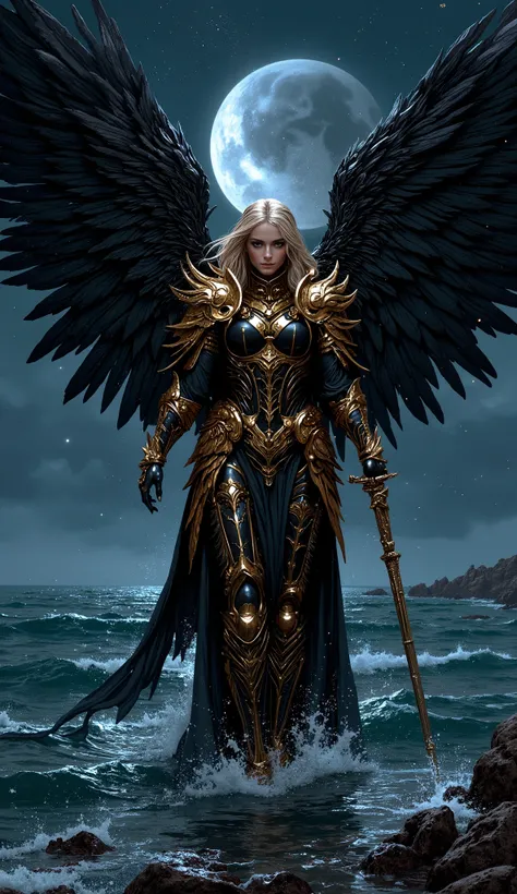 I want a painting of a beautiful warrior goddess with black wings in a golden black armor stretched on the surface of the sea at night.