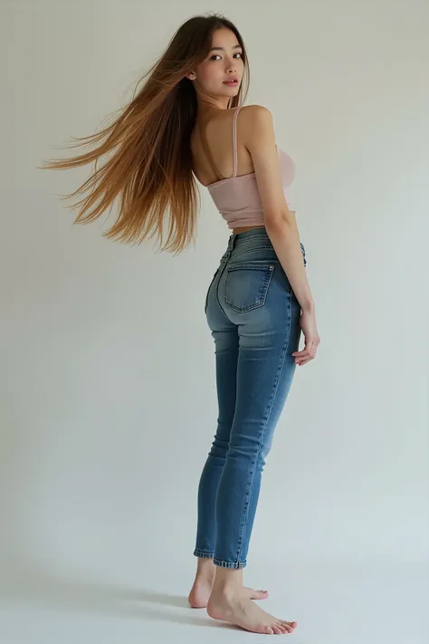 photograph of a girl, european, petite, slim, full body shot, dynamic pose, posing, wearing tight jeans, very long hair, cute top