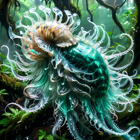 A photo of an extraterrestial animal looking like combination of a translusent snail and jelly fish. Fury torso, long and massive neck, twelve shredded, translucent wings painted in contrasting patterns, many limbs and tentacles. Beautiful but scary predat...