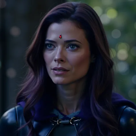 Peyton List as Rachel Roth AKA Raven from DC's Titans. She has pale skin,dark purple hair,has a glowing red gemstone on her forehead and wears Raven's costume from DC's Titans.