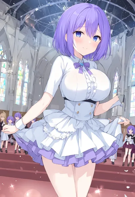  solo, Purple hair, short hair, blue eyes, , large breasts, live stage,  church, Wedding hall,