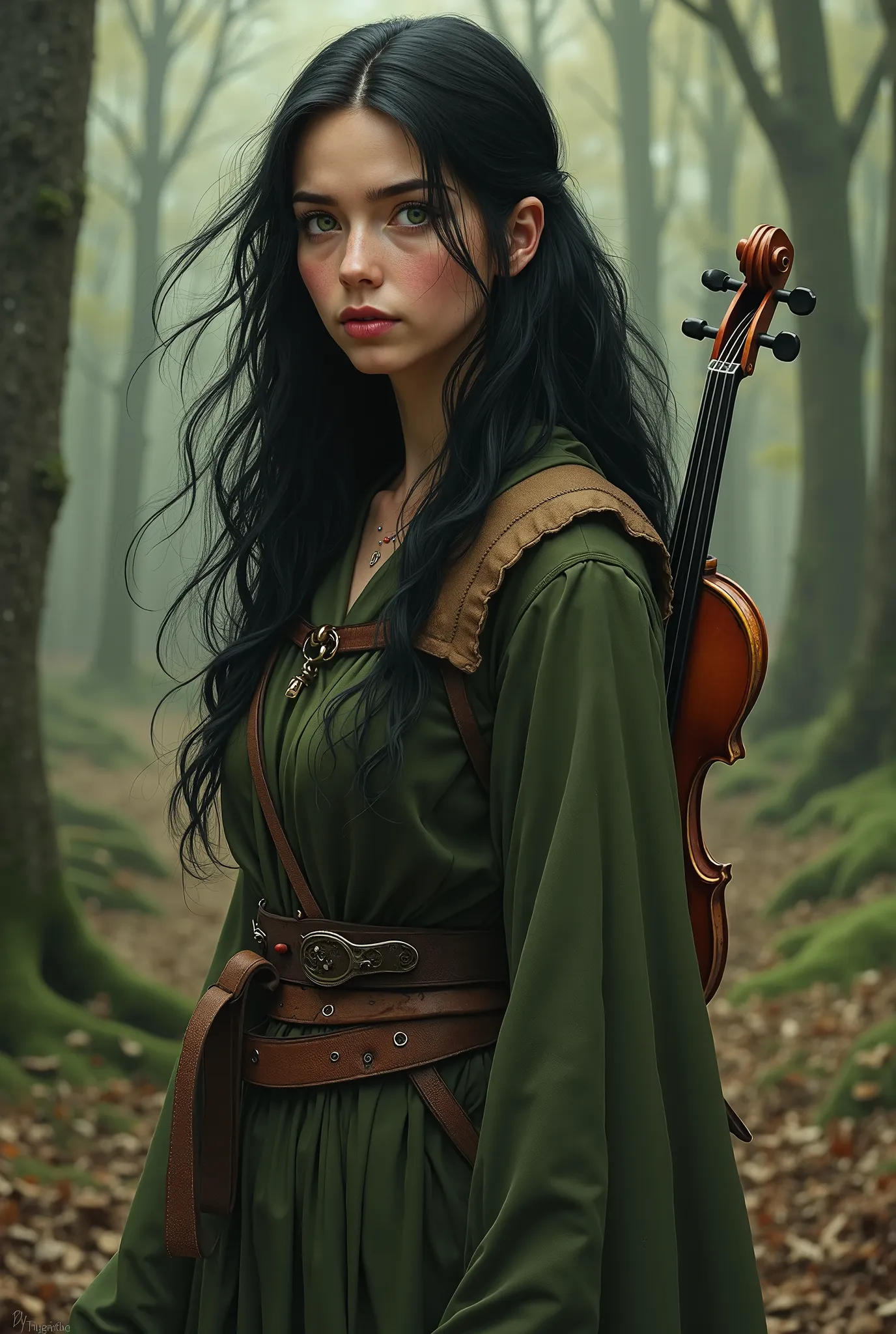  Create a realistic person based on the description : 

Nyraeth, dark almost black hair waved to the rhythm of the cool wind ,  and green eyes - a little too big for her face - wandered among the trees , looking for signs ,  that could point her way .  She...