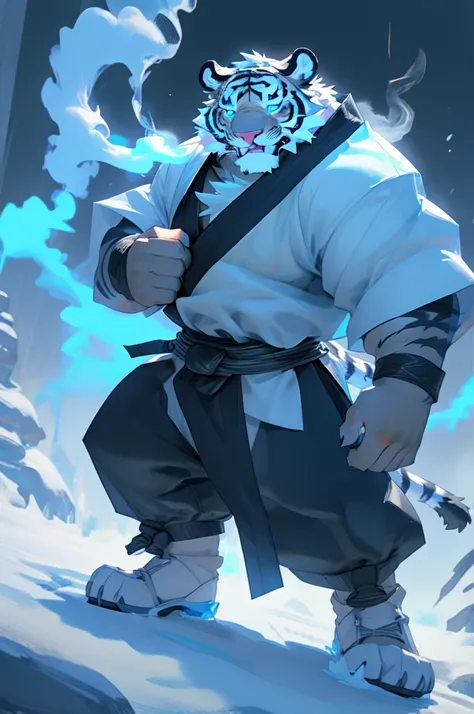 A male white tiger, white fur with black stripes, icy blue eyes, wearing Shaolin monk garb, standing confidently, using a smoke bomb, anime style, ultra-detailed, dynamic pose, 4K resolution.