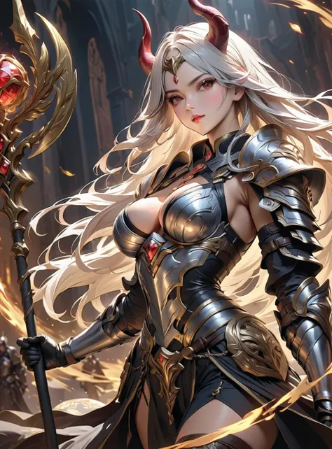 masterpiece,best quality,amazing quality,very aesthetic,absurdres,newest, 1girl, armor, blurry, blurry background, blurry foreground, breasts, colored skin, depth of field, gauntlets, gem, holding, holding staff, holding weapon, horns, long hair, looking a...