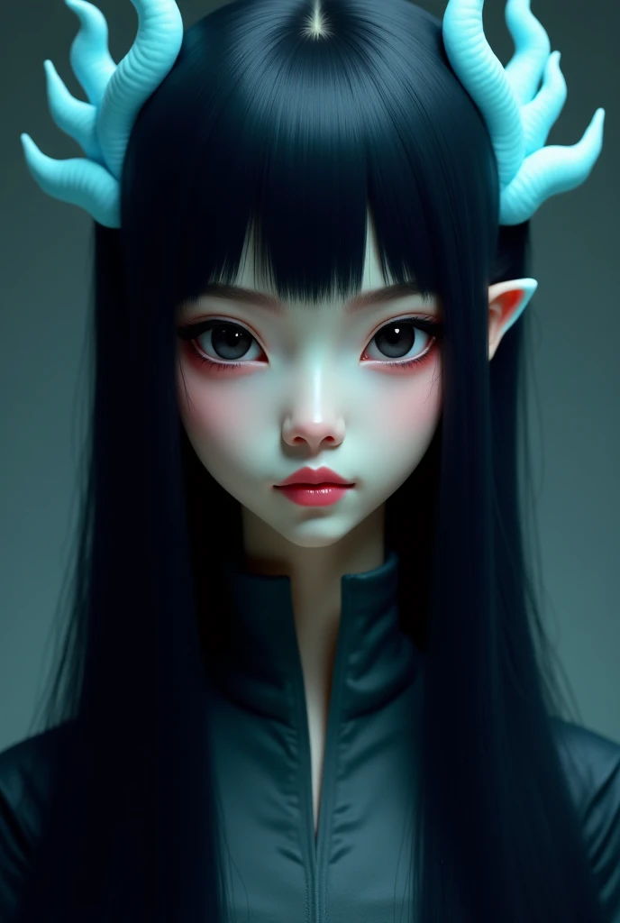 Her hair is long and straight, a bright black color with light blue tufts at the ends, her eyes are a large dark structure, she has an oval face with a small nose and a full mouth. 