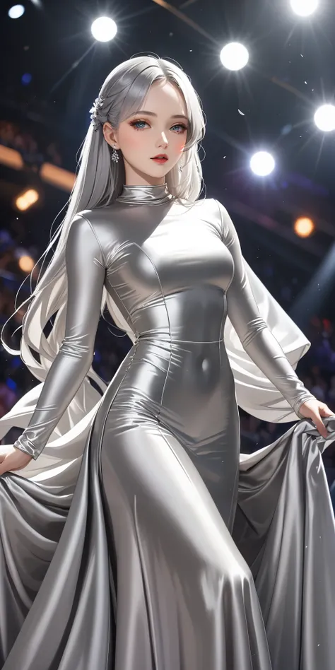 Portraiture、(masterpiece,Highest quality,Ultra-high resolution),Japanese women with silver hair, (((Very beautiful 25 year old girl)))、(She is wearing a shiny light silver satin long sleeve outfit..)、The dress has a simple design without any patterns...、((...