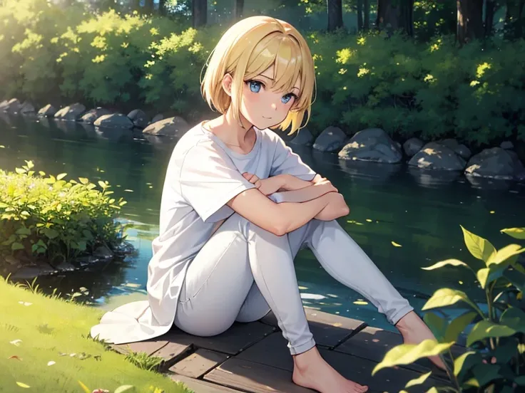 _ outfit,  Anime style/ manga inspired by Makoto Shinkai .  A 20-year-old girl with short blond hair ,  natural golden reflections and soft texture . Her heavenly eyes are large ,  and reflecting light with an angelic glow .  She wears a light white fabric...