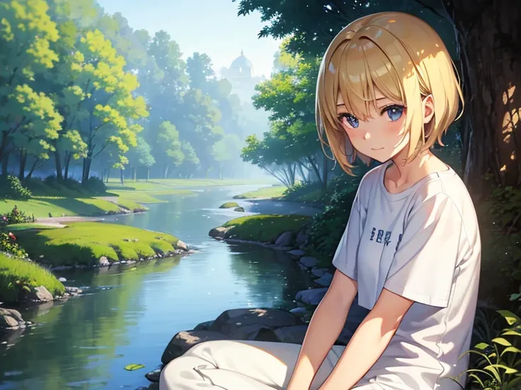 _ outfit,  Anime style/ manga inspired by Makoto Shinkai .  A 20-year-old girl with short blond hair ,  natural golden reflections and soft texture . Her heavenly eyes are large ,  and reflecting light with an angelic glow .  She wears a light white fabric...