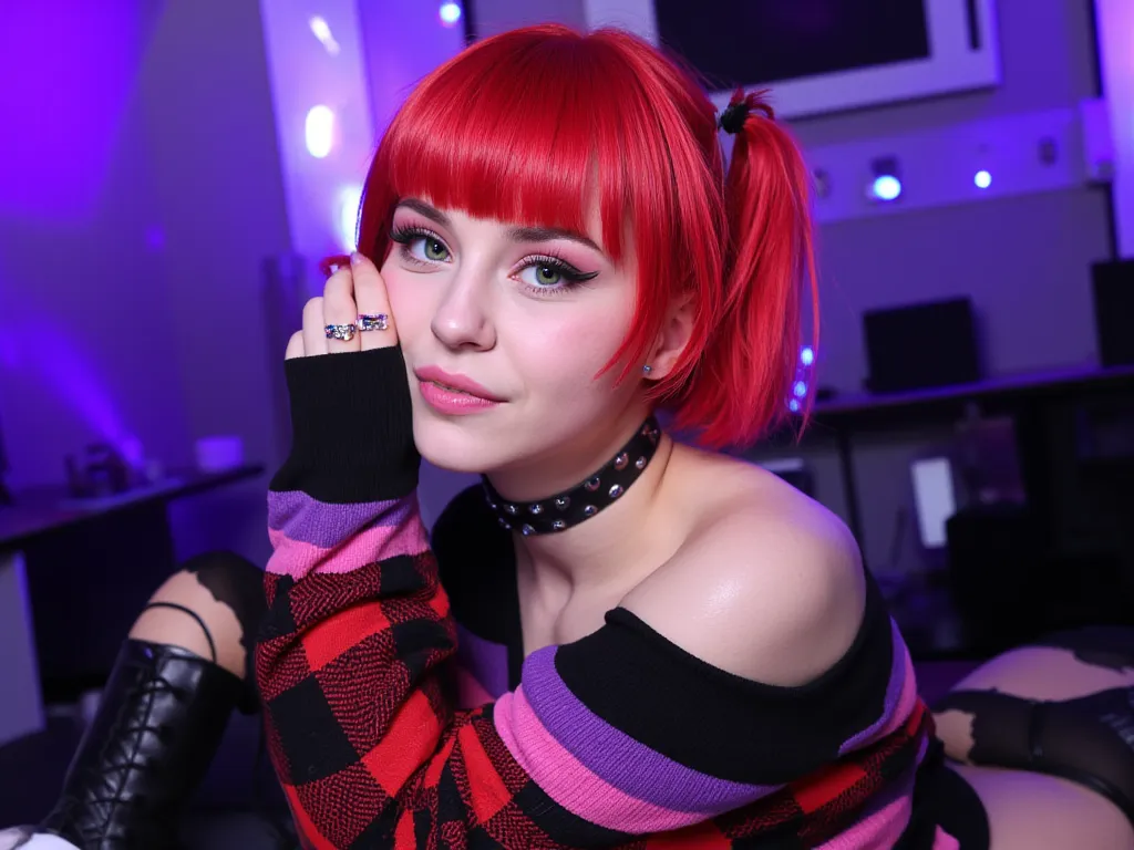 "Create a realistic digital influencer in the e-girl style. She should be a young white woman with fair skin and subtle freckles on her face. Her hair is vibrant red, short, and straight, with neatly trimmed bangs just above her eyebrows. Her eyes are inte...