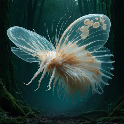 A photo of an extraterrestial animal looking like combination of a translusent snail, lion fish and jelly fish. Fury torso, long and massive neck, twelve shredded, translucent wings painted in contrasting patterns, many limbs and tentacles. Beautiful but s...