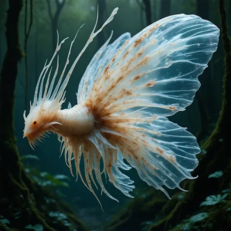 A photo of an extraterrestial animal looking like combination of a translusent snail, lion fish and jelly fish. Fury torso, long and massive neck, twelve shredded, translucent wings painted in contrasting patterns, many limbs and tentacles. Beautiful but s...