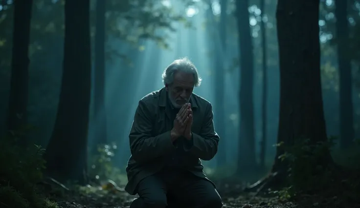  An elderly person kneeling in a dense forest during the day ,  with rays of bluish light filtering through the trees . He has his hands raised in prayer,  and its expression conveys a mixture of pain and peace . the atmosphere is gloomy, but the surroundi...