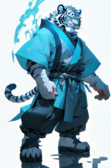 A solo male white tiger, white fur with black stripes, icy blue eyes, wearing Shaolin monk garb, standing confidently, smokey white background, anime style, ultra-detailed, dynamic pose, 4K resolution.