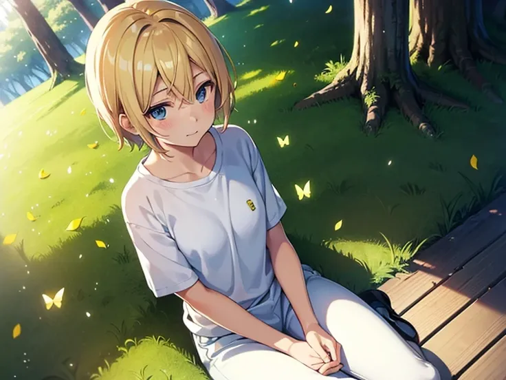 _ outfit,  Anime style/ manga inspired by Makoto Shinkai .  A 20-year-old girl with short blond hair ,  natural golden reflections and soft texture . Her heavenly eyes are large ,  and reflecting light with an angelic glow ,  always cheerful . He wears a l...