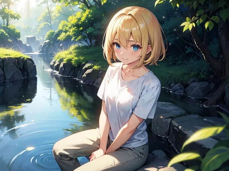 _ outfit,  Anime style/ manga inspired by Makoto Shinkai .  A 20-year-old girl with short blond hair ,  natural golden reflections and soft texture . Her heavenly eyes are large ,  and reflecting light with an angelic glow ,  always cheerful . He wears a l...