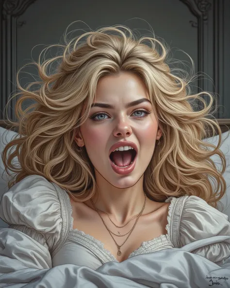 A half body picture of a  beautiful sexy face blonde woman lying on bed and yawning, wide open mouth, at her bed room, very detailed, colored pencil media in the style of illustration maestro Don Lawrence, octane render, shallow depth of field, a masterpie...