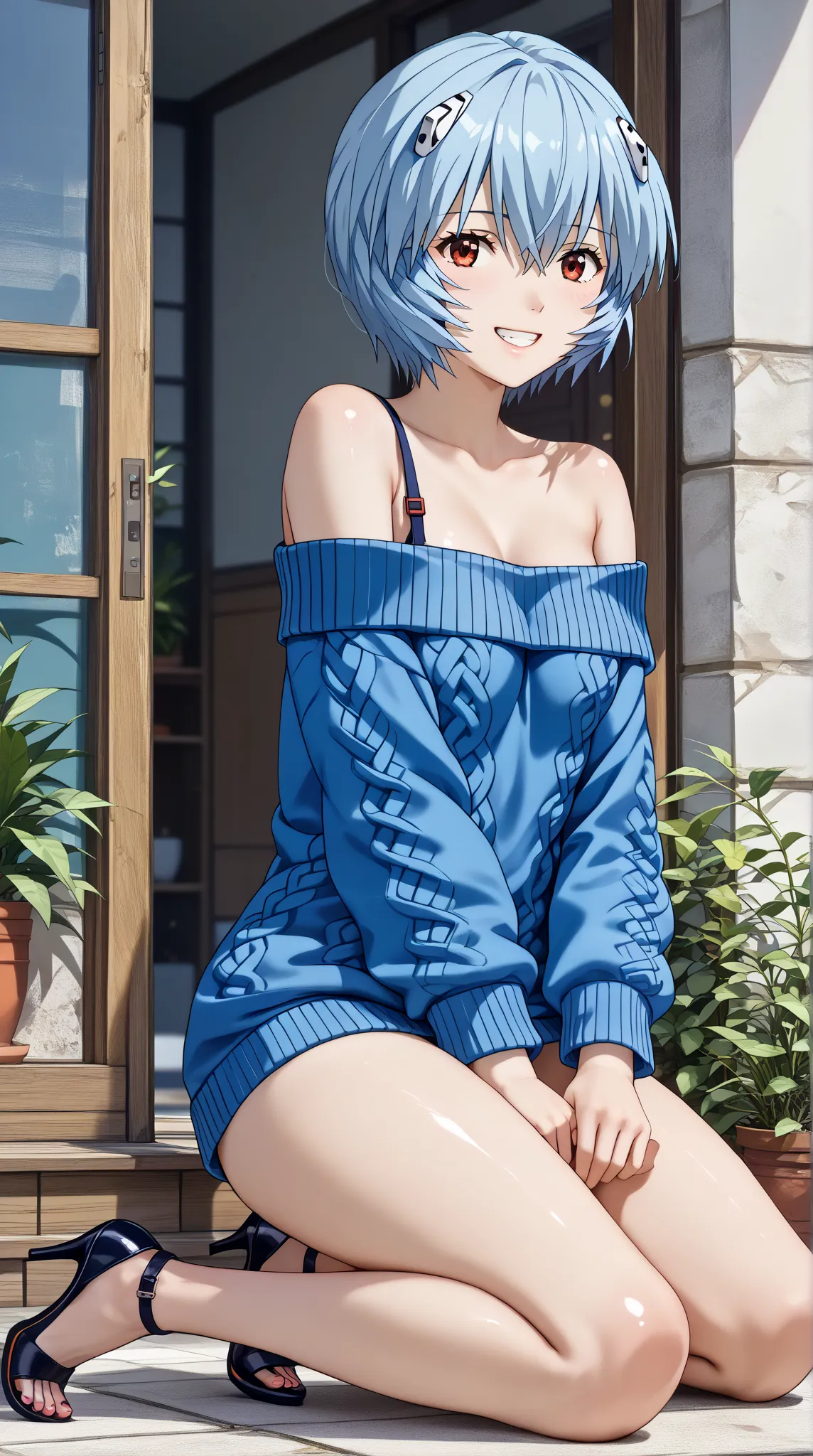 (UHD, retina, masterpiece, accurate, anatomically correct, super detail, high details,   highres, 1080P, 16k、high detail RAW color art:1.3)、 ( Ayanami Rei:1.3)、(short hair、light blue hair:1.3)、(off-shoulder sweater、high heels、:1.5)、(shiny skin:1.3)、(impish...