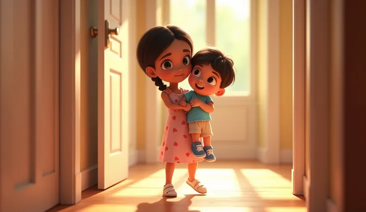 four-year-old girl, round face, bright brown eyes, straight dark brown hair tied in braids, light brown skin, slender build, 80 cm tall, wearing a light pink knee-length dress adorned with small prints of red strawberries and white sandals, with a bright s...