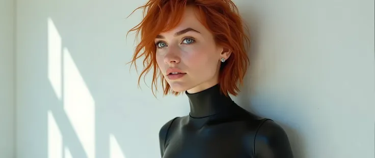 19-year-old Irish model, medium-length rough-chopped red hair, perfect make-up, skin-tight seamless rubber bodysuit, standing, white wall behind her, facing viewer, looking up at viewer, viewed from above.