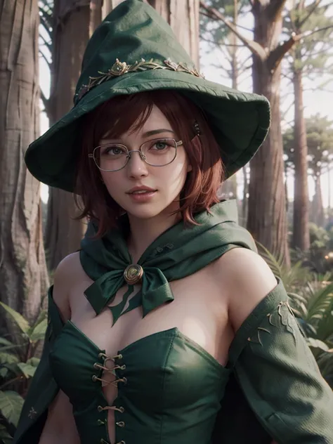  close-up,  upper body. Short, ( red hair:1.2),  green eyes, ( metal frame diopter glasses:1.2), (green witch hat :1.3), ( green cloak:1.4), ( green strapless dress:1.2), smiling  girl in the woods. ( Lots of trees :1.4). ( Masterpiece ,  top quality,  bes...