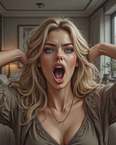 A half body picture of a  beautiful sexy face blonde woman sitting on a sofa and yawningnnad stretch her arms up, wide open mouth, at her living room, very detailed, colored pencil media in the style of illustration maestro Don Lawrence, octane render, sha...