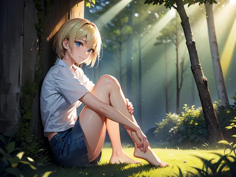 Hyperrealistic, anime/manga style inspired by Makoto Shinkai. A 20-year-old young woman with short blonde hair, natural golden highlights, and a soft texture. Her large, expressive sky-blue eyes reflect the light with an angelic glow, conveying joy and ser...