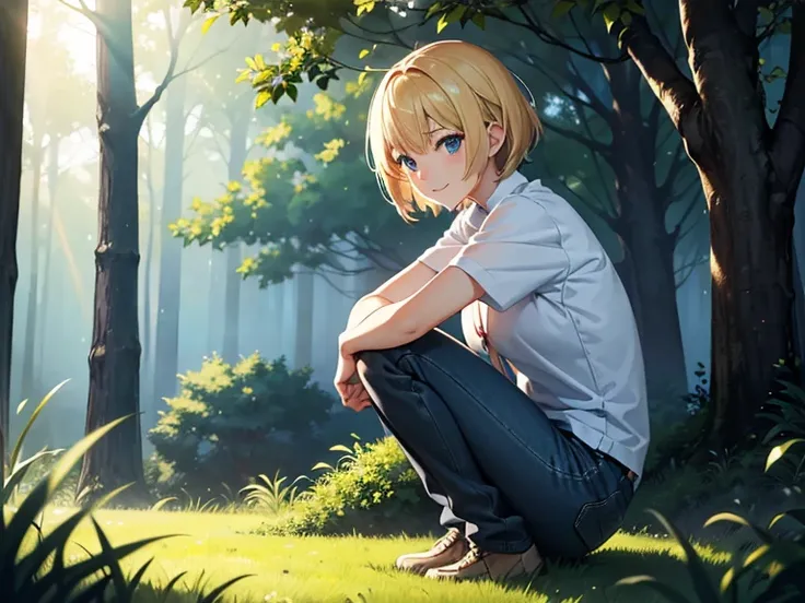 Hyperrealistic, anime/manga style inspired by Makoto Shinkai. A 20-year-old young woman with short blonde hair, natural golden highlights, and a soft texture. Her large, expressive sky-blue eyes reflect the light with an angelic glow, conveying joy and ser...