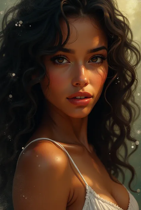 Woman with brown skin color ,  long dark curly hair ,  dark eyes very northeastern Brazil in the art style of Rangrarii(criadora de bad thinking diary)