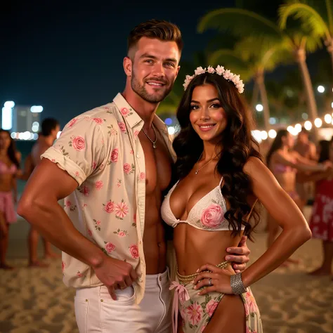 A handsome caucasian man and a gorgeous caucasian model standing side by side at a Hawaiian luau at night on Waikiki Beach. Handsome caucasian man James with desirable features, green eyes, short hair, brown hair neatly styled, tall, muscular and athletic ...