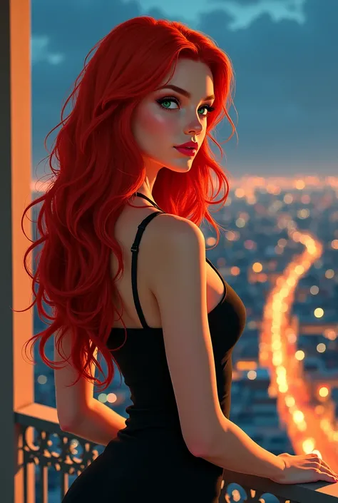 Illustrate a red-haired woman with long red hair in semi-realistic digital art, bright green eyes. She has a porcelain skin , It is very beautiful,  with long hair. She has a beautiful hourglass figure ,  she can be seen to be perched on the porch of the b...