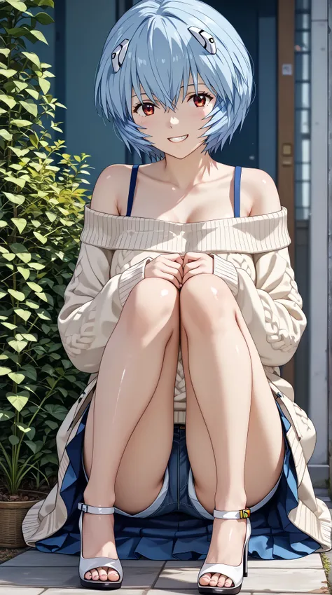 (UHD, retina, masterpiece, accurate, anatomically correct, super detail, high details,   highres, 1080P, 16k、high detail RAW color art:1.3)、 ( Ayanami Rei:1.3)、(short hair、light blue hair:1.3)、(off-shoulder sweater、high heels、:1.5)、(shiny skin:1.3)、(impish...