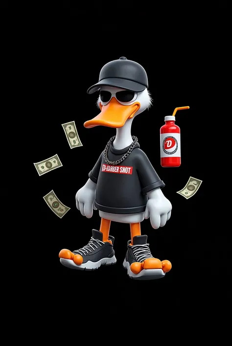 The same duck, but with more bills and black shirt and cap but with chains and instead of "Supreme" say "D-Barber-shot "  And let it be a black background 