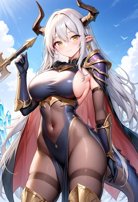 1girl, tail, breasts, solo, horns, dragon-tail, large-breasts, long-hair, dragon-horns, yellow-eyes, standing, hair-between-eyes, dragon-girl, sideboob, crystal, looking-at-viewer, armor, gem, closed-mouth, red-cape, very-long-hair, gloves, planted, gauntl...