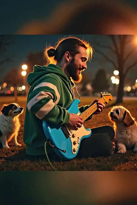 A young man with long hair tied in a bun, wearing a green and white striped hoodie, playing a blue electric guitar in a park at night. He is smiling while strumming, and his two dogs are happily watching him. The streetlights cast a warm glow, and the atmo...