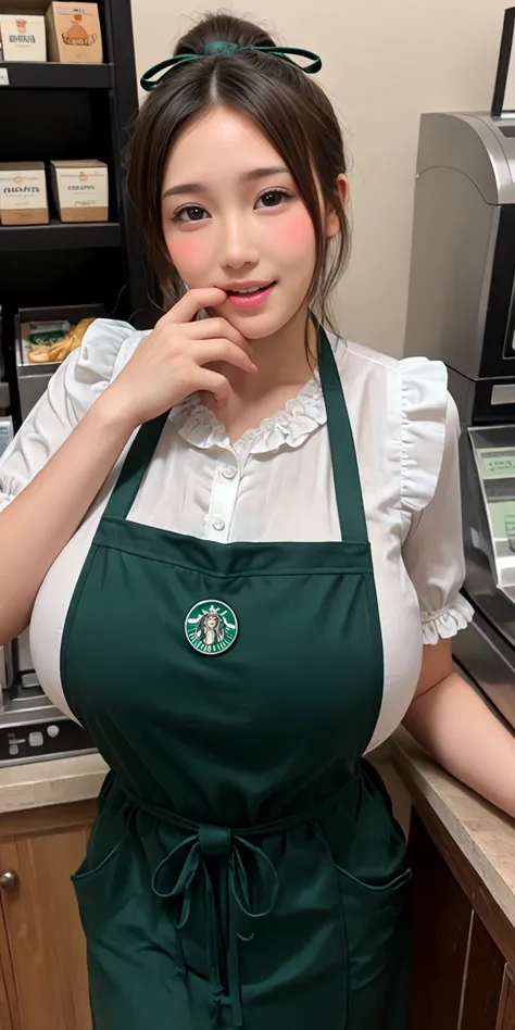 (highest quality),(((Photorealistic))), 8K, perfect composition,from above,(1 girl solo),at cafe,starbucks,((she is cafe clerk)),((standing in front of the cash register)),((hand on mouth)),((holding a cup)),((wearing frilly blouse,green apron,black skinny...