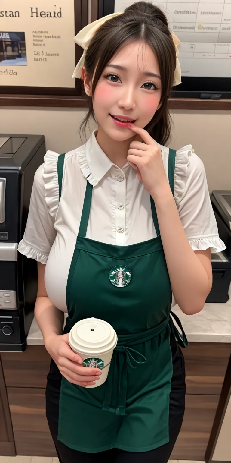 (highest quality),(((Photorealistic))), 8K, perfect composition,from above,(1 girl solo),at cafe,starbucks,((she is cafe clerk)),((standing in front of the cash register)),((hand on mouth)),((holding a cup)),((wearing frilly blouse,green apron,black skinny...