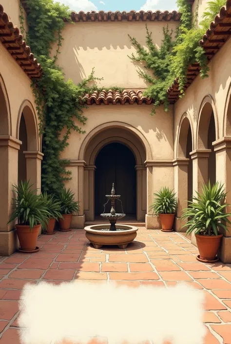 Improve this image and turn it into a drawing of an old Spanish patio 