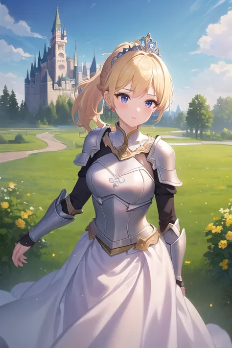 ((best quality)), ((masterpiece)), (detailed),1 girl。 blonde ponytail。 princess tiara 。Prairie with Castle View 。 white dress。Light Armor。(moving composition)