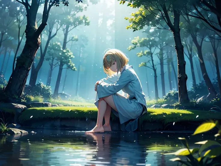 Hyperrealistic, anime/manga style inspired by Makoto Shinkai. A 20-year-old young woman with short blonde hair, natural golden highlights, and a soft texture. Her large, expressive sky-blue eyes reflect the light with an angelic glow, conveying joy and ser...