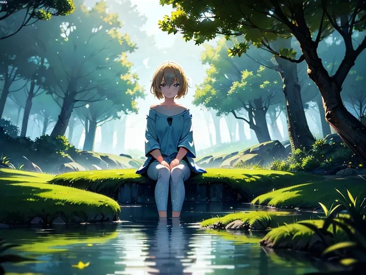 Hyperrealistic, anime/manga style inspired by Makoto Shinkai. A 20-year-old young woman with short blonde hair, natural golden highlights, and a soft texture. Her large, expressive sky-blue eyes reflect the light with an angelic glow, conveying joy and ser...