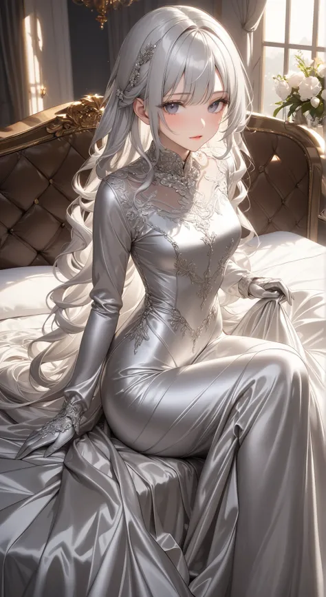 portrait、god々Shining light、( masterpiece, top quality, Ultra High Resolution ),Extremely detailed CG, Japanese woman with pale silver hair,(( beautiful face)),(( long sleeve long dress made of pale silver satin))、((The dress has a simple design without e...