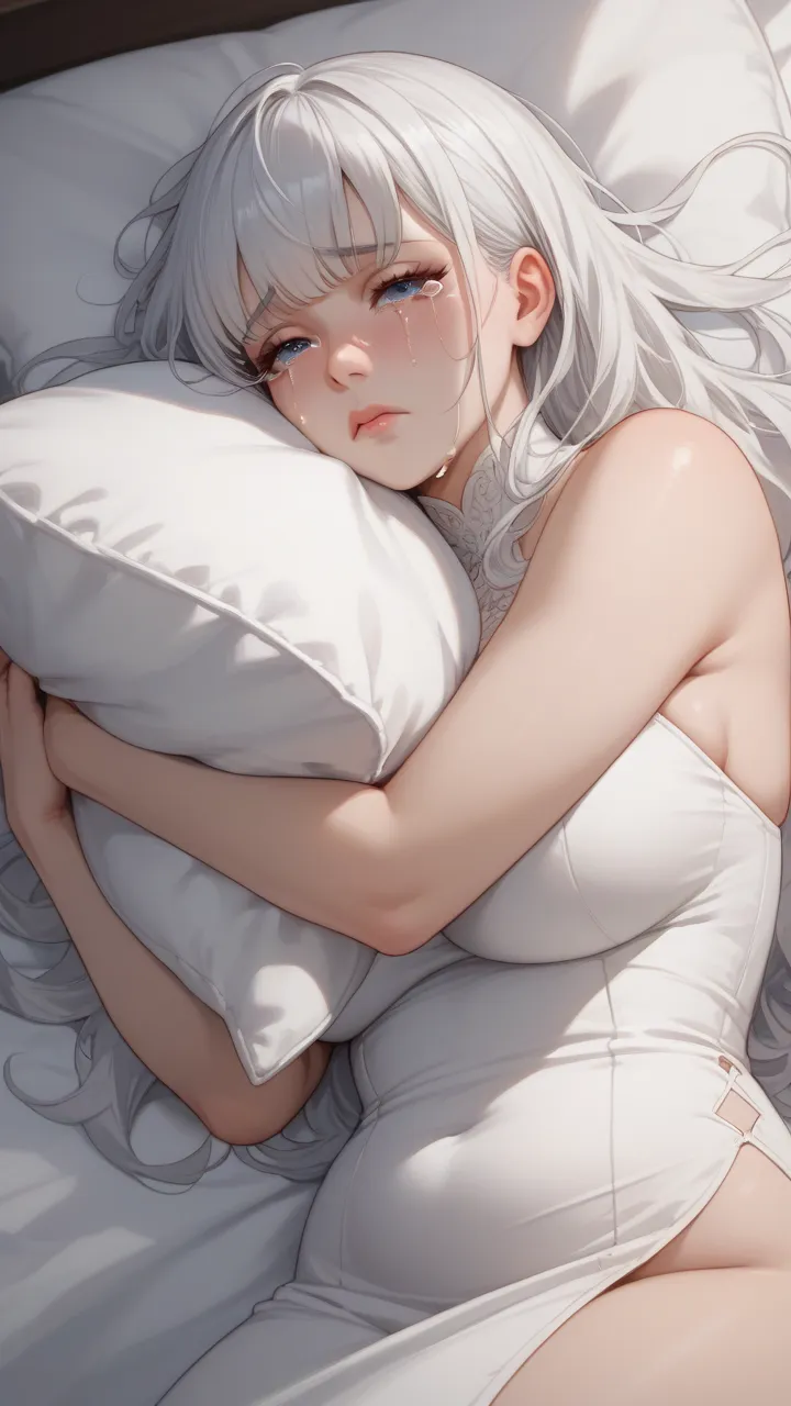  24-year-old woman、 long white hair、 The hair is straight white 、with bangs、 Sexy proportions, eyes blue, pale skin, porcelain skin, curvy body, long eyelashes, plump attributes, Lying on a bed, crying, cheeks with tears, Hugging pillow, sad girl, white dr...